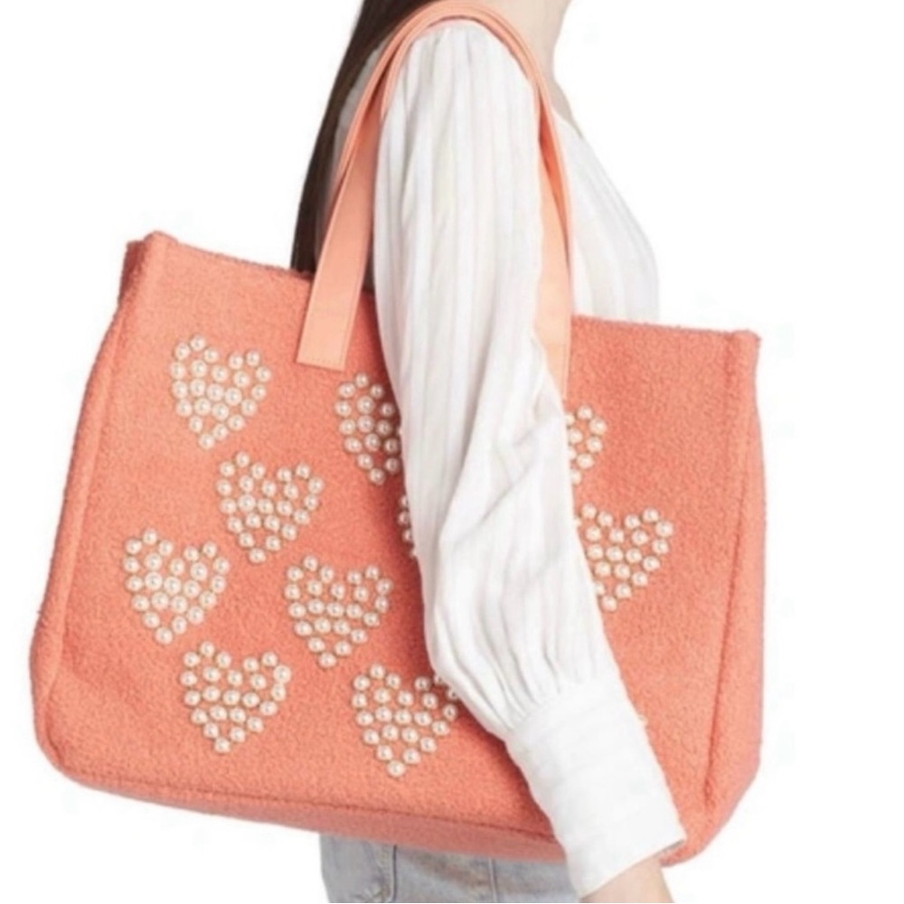 NWT btb Beyond the Beach Coral orange and cream faux pearl beaded tote.